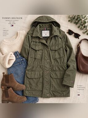 Tommy Hilfiger Olive Green Army Utility Field Jacket Hooded Size Small